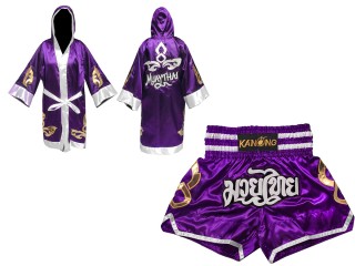 Muay Thai Bundle - Custom Muay Thai Boxing Robe + Muay Thai Shorts : Set-143-Purple