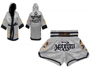 Muay Thai Bundle - Custom Muay Thai Boxing Robe + Muay Thai Shorts : Set-143-Silver