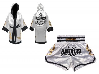 Muay Thai Bundle - Custom Muay Thai Boxing Robe + Muay Thai Shorts : Set-143-White