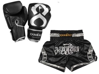 Bundle - Real Leather Boxing Gloves + Custom Muay Thai Shorts : Set-144-Gloves-Black-Silver