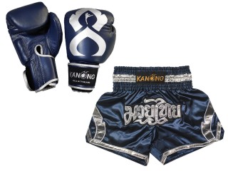 Bundle - Real Leather Boxing Gloves + Custom Muay Thai Shorts : Set-144-Gloves-Navy