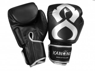 Kanong Real Leather Muay Thai Boxing Gloves : "Thai Kick" Black-Silver