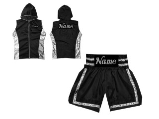 Custom Boxing Hoodies + Custom Boxing Shorts : KNCUSET-007-Black-Silver