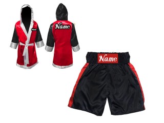 Boxing Set - Custom Boxing Robe + Boxing Shorts : KNCUSET-104-Black-Red