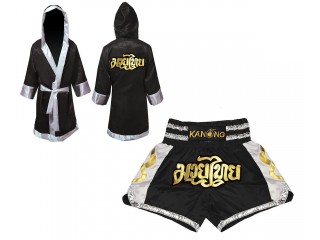 Muay Thai Bundle - Custom Muay Thai Boxing Robe + Muay Thai Shorts : Set-141-Black