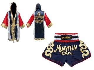 Muay Thai Bundle - Custom Muay Thai Boxing Robe + Muay Thai Shorts : Set-120-Robe-Navy