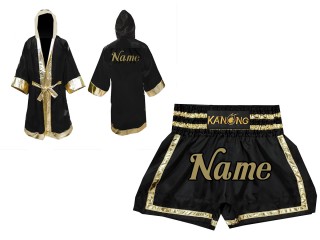 Muay Thai Souvenir - Custom Muay Thai Robe + Muay Thai Shorts : Set-140-Black-Gold