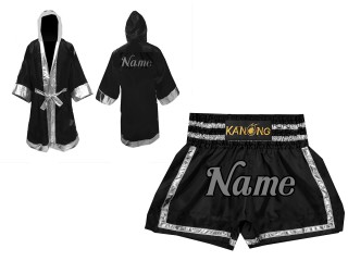 Muay Thai Bundle - Custom Muay Thai Boxing Robe + Muay Thai Shorts :  Set-140-Black-Silver