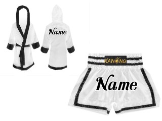 Muay Thai Bundle - Custom Muay Thai Boxing Robe + Muay Thai Shorts :  Set-140-White-Black