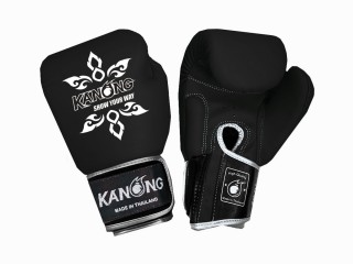 Kanong Real Leather Muay Thai Boxing Gloves : Black Silver Tattoo