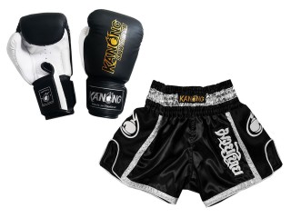 Kanong Muay Thai Gloves + Kanong Custom Retro Muay Thai Shorts Model 208-Black
