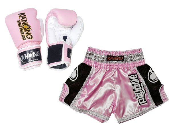 Kanong Muay Thai Gloves + Kanong Custom Retro Muay Thai Shorts Model 208-Pink