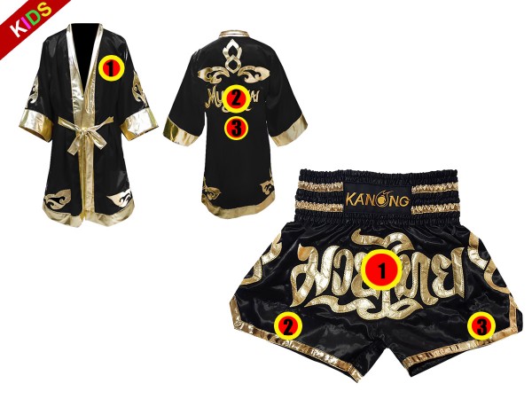 Custom Muay Thai Boxing Robe + Custom Muay Thai Shorts for Kids : Black Lai Thai