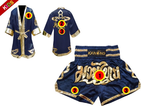 Custom Muay Thai Boxing Robe + Custom Muay Thai Shorts for Kids : Navy Lai Thai
