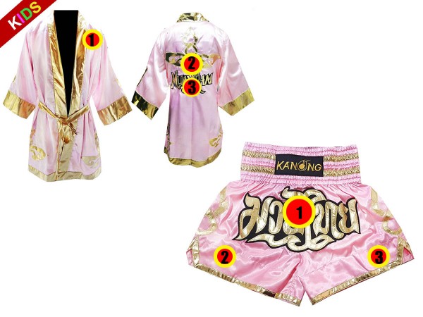 Custom Muay Thai Boxing Robe + Custom Muay Thai Shorts for Kids : Pink Lai Thai