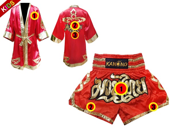 Custom Muay Thai Boxing Robe + Custom Muay Thai Shorts for Kids : Red Lai Thai