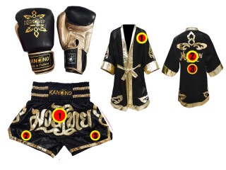Muay Thai Gloves + Custom Muay Thai Boxing Robe + Custom Muay Thai Shorts : Black Lai Thai