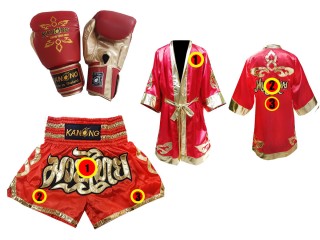 Muay Thai Gloves + Custom Muay Thai Boxing Robe + Custom Muay Thai Shorts : Red Lai Thai
