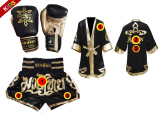 Muay Thai Gloves + Custom Muay Thai Boxing Robe + Custom Muay Thai Shorts for Kids : Black Lai Thai
