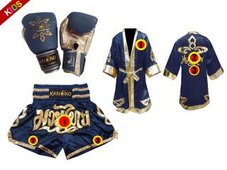 Muay Thai Gloves + Custom Muay Thai Boxing Robe + Custom Muay Thai Shorts for Kids : Navy Lai Thai