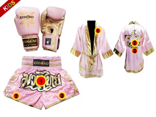 Muay Thai Gloves + Custom Muay Thai Boxing Robe + Custom Muay Thai Shorts for Kids : Pink Lai Thai