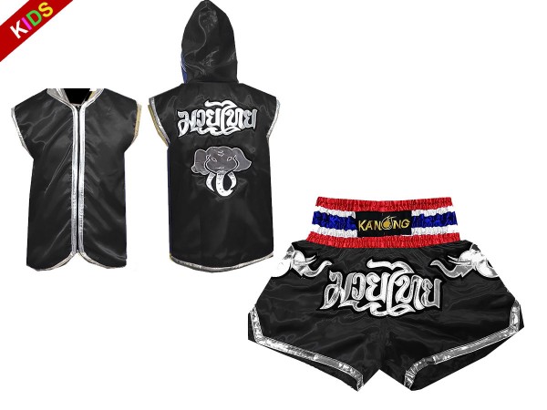 Custom Muay Thai Hoodies + Custom Muay Thai Shorts for Kids : Black Elephant