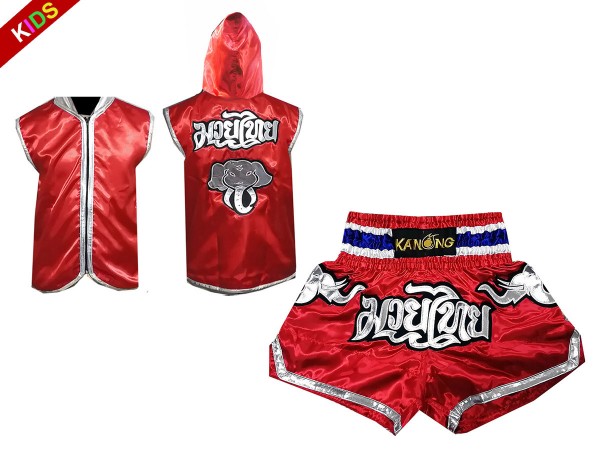 Custom Muay Thai Hoodies + Custom Muay Thai Shorts for Kids : Red Elephant