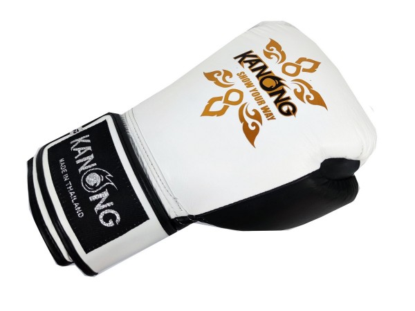 Kanong Real Leather Muay Thai Boxing Gloves : White/Black