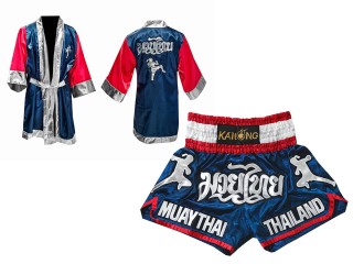 Custom Muay Thai Boxing Robe + Custom Muay Thai Shorts outfits : Navy Nak Muay