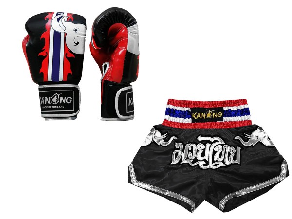 Kanong Muay Thai Power Boxing Gloves + Kanong Custom Muay Thai Shorts KNS-125-Black