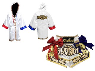 Muay Thai Set - Custom Muay Thai Robe + Muay Thai Shorts : Set-128-Robe-White